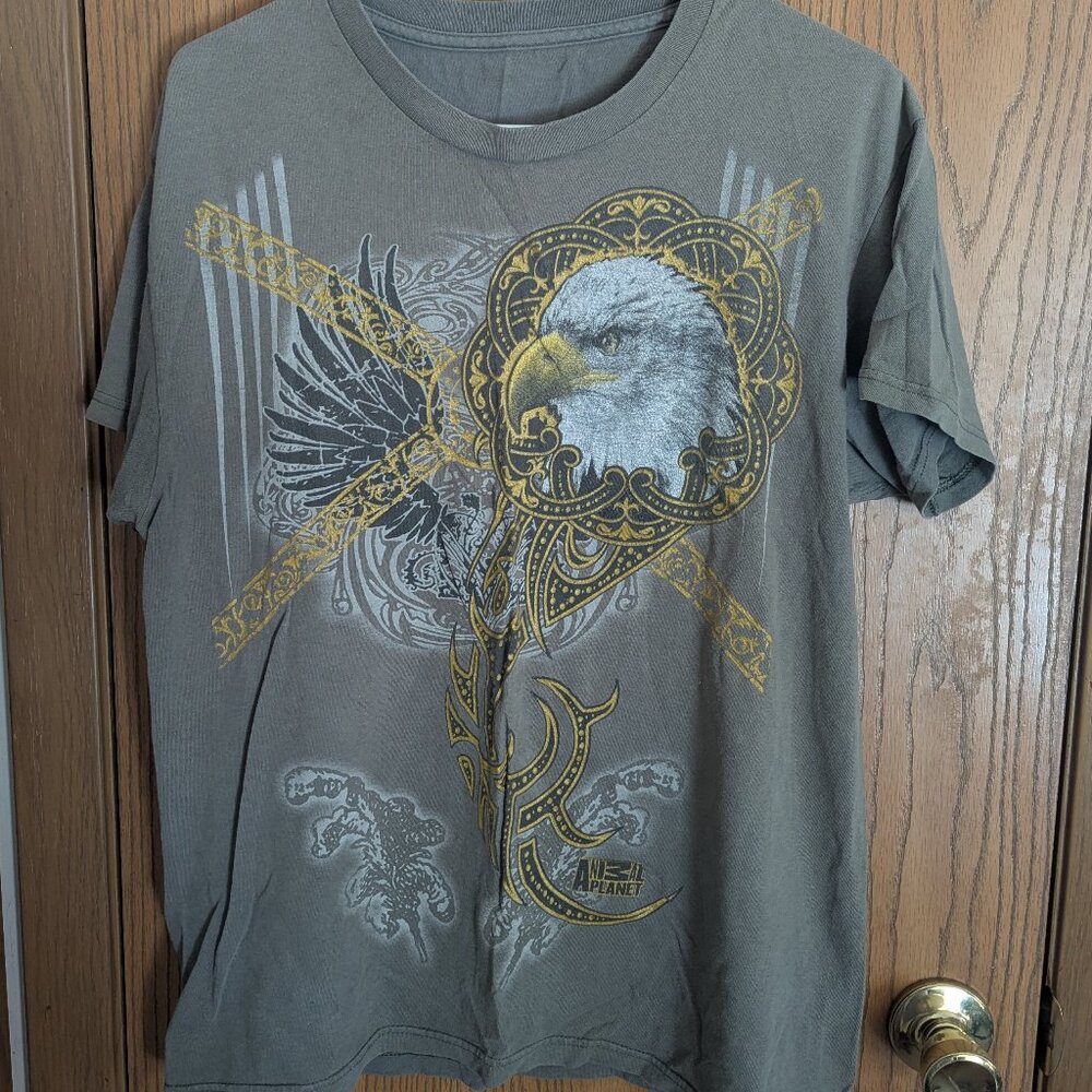 Eagle Animal Planet VTG Y2K Style Short Sleeve T-Shirt Green Khaki-Men's Medium